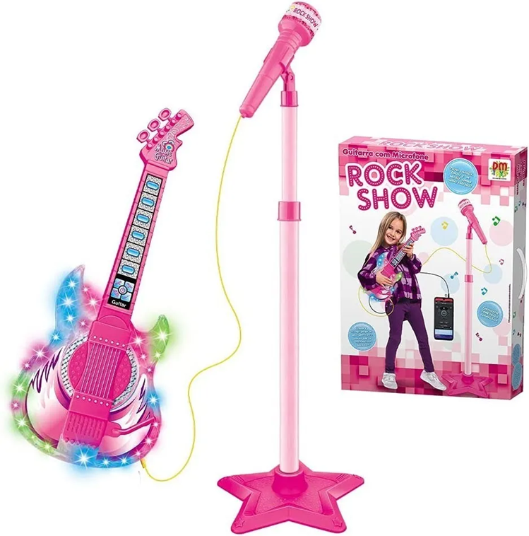 Guitarra Musical Infantil Con Micrófono Rosado