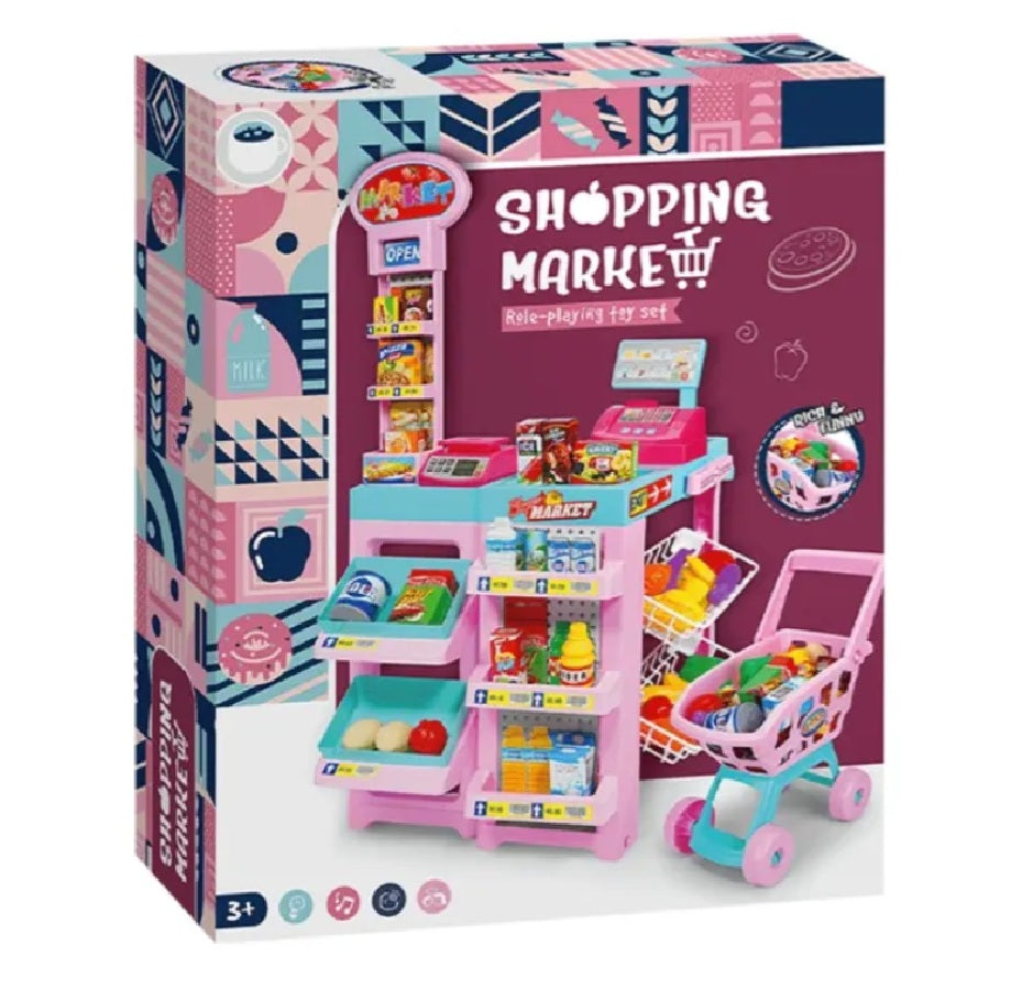 Supermercado Infantil Rosado Con Carrito De Mercado + 30pcs