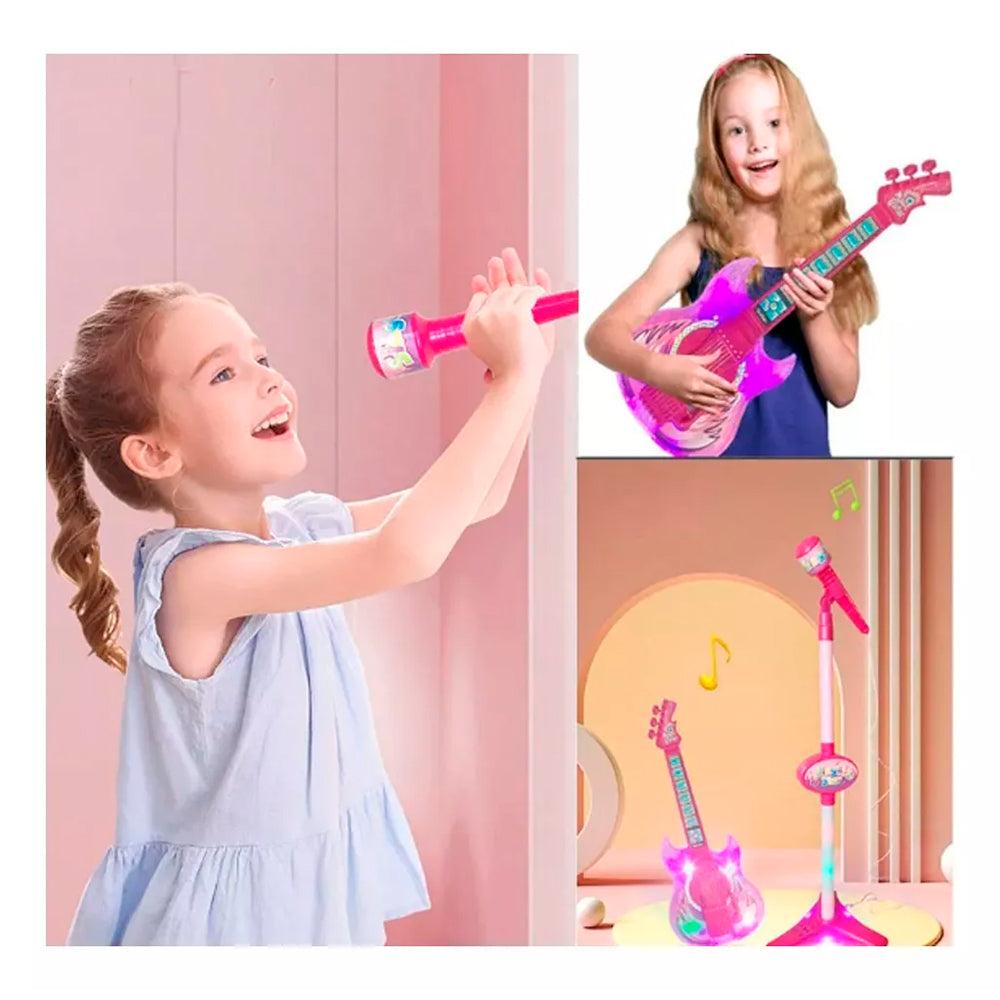 Guitarra Musical Infantil Con Micrófono Rosado