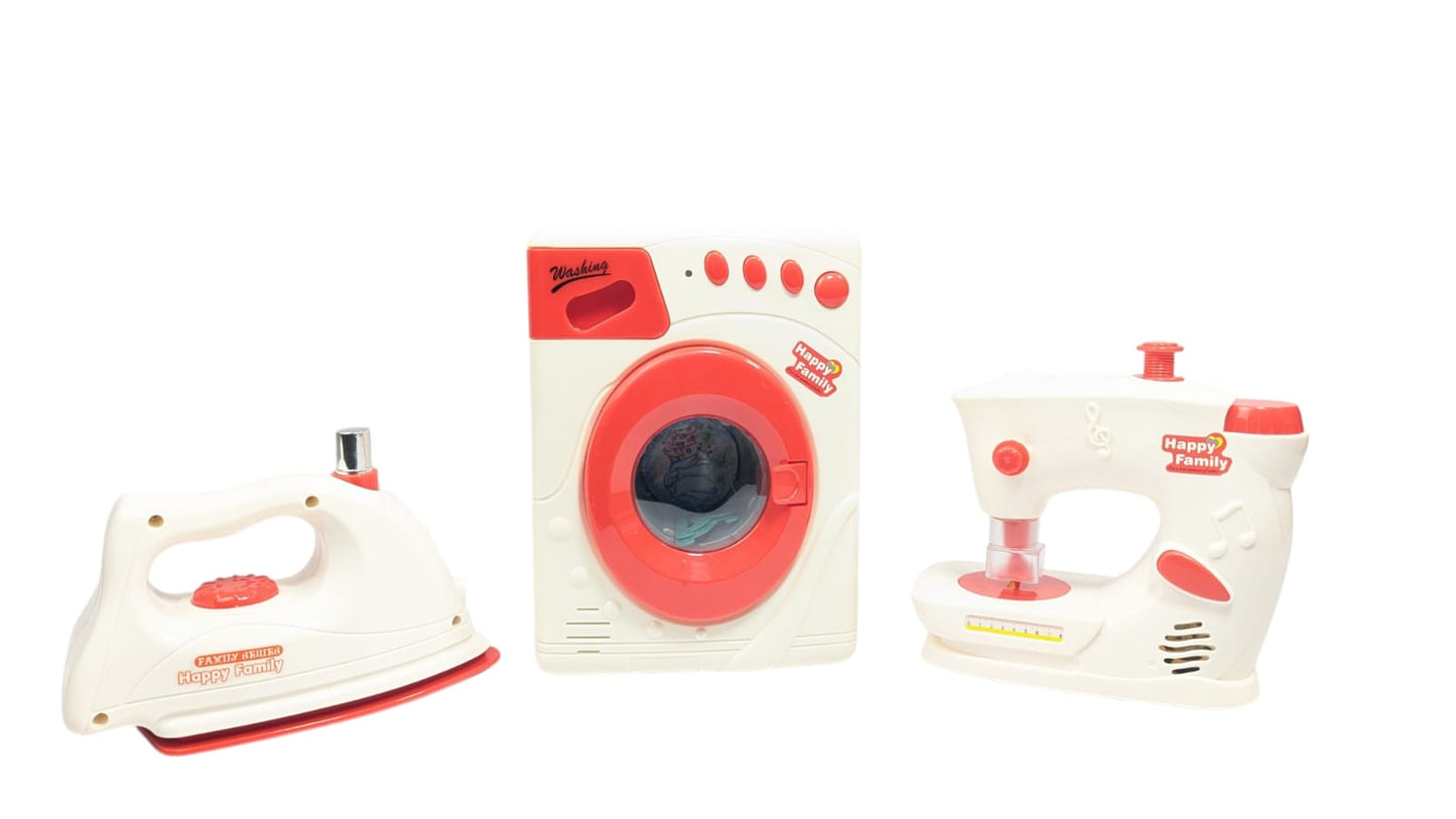 Set Infantil De Casa Lavadora + Plancha + Maquina De Coser