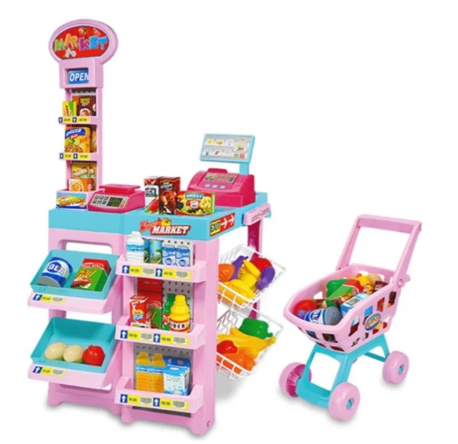 Supermercado Infantil Rosado Con Carrito De Mercado + 30pcs