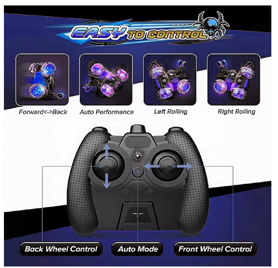 Carro Loco Infantil 360° Hombre Araña Negro Llantas Con Luz