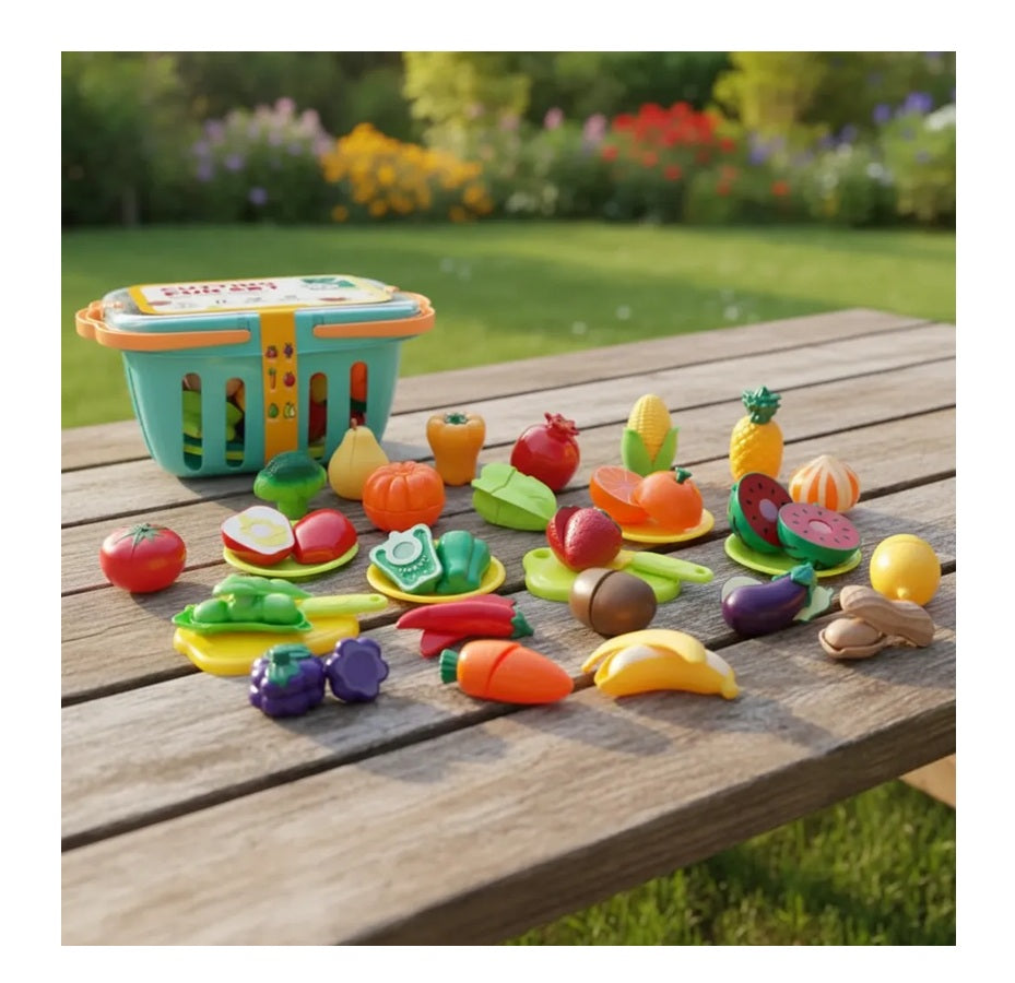 Canasta Infantil Grande + Frutas Con Velcro + 33 Pcs