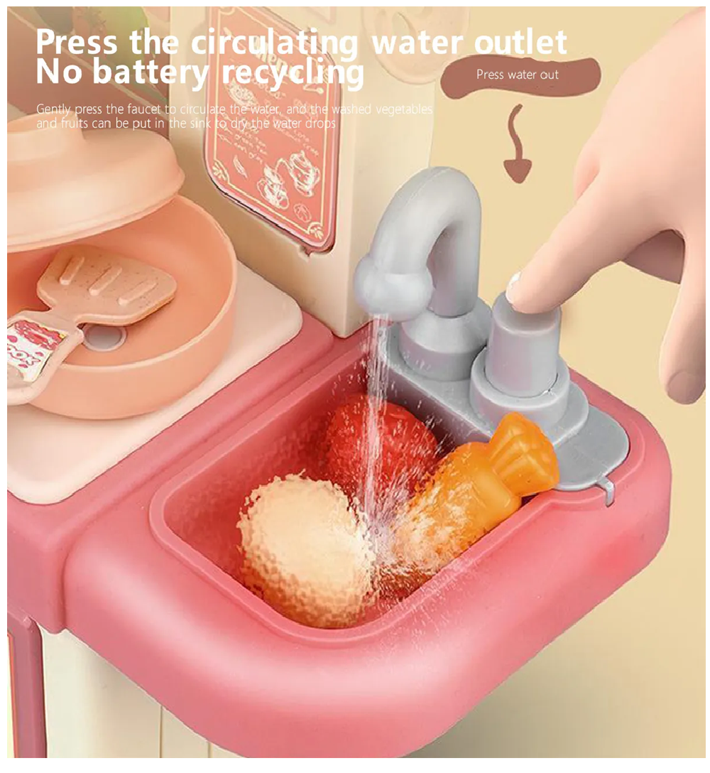 Cocina Infantil Agua + Luz + Sonido + Vapor 35 Cm Rosa