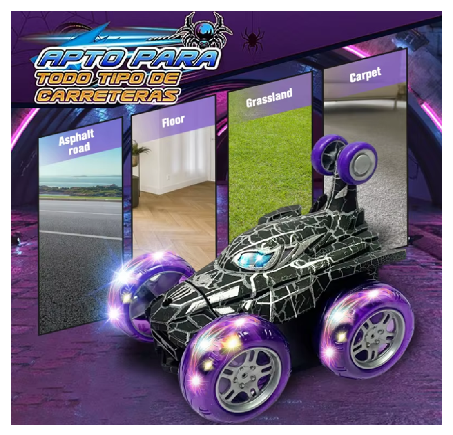 Carro Loco Infantil 360° Hombre Araña Negro Llantas Con Luz