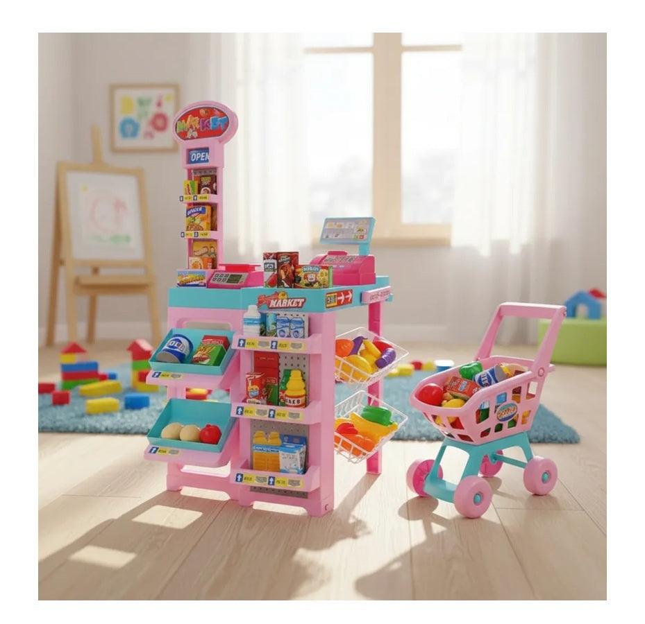Supermercado Infantil Rosado Con Carrito De Mercado + 30pcs