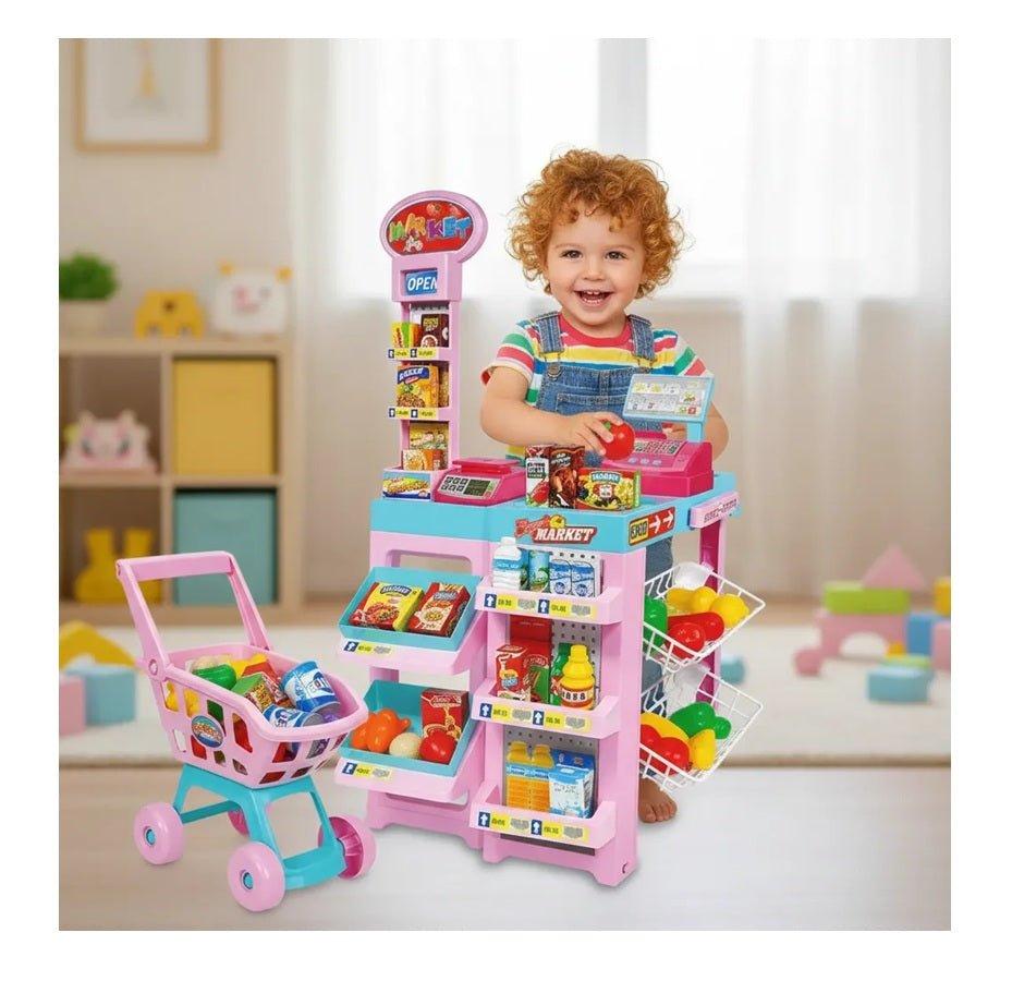 Supermercado Infantil Rosado Con Carrito De Mercado + 30pcs